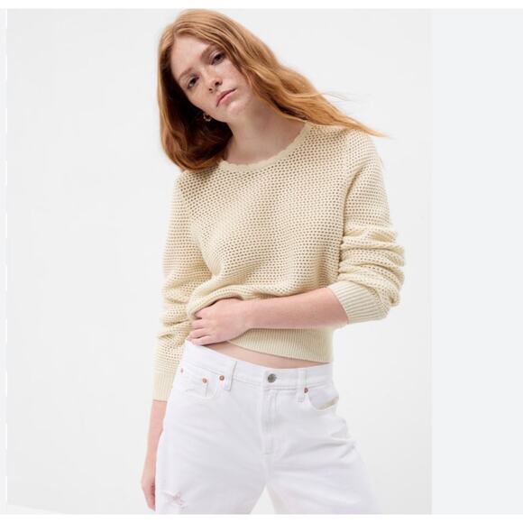 Gap Cream Crochet‎ Crewneck Sweater Open Knit Fisherman Womens Medium Neutral - Picture 1 of 7